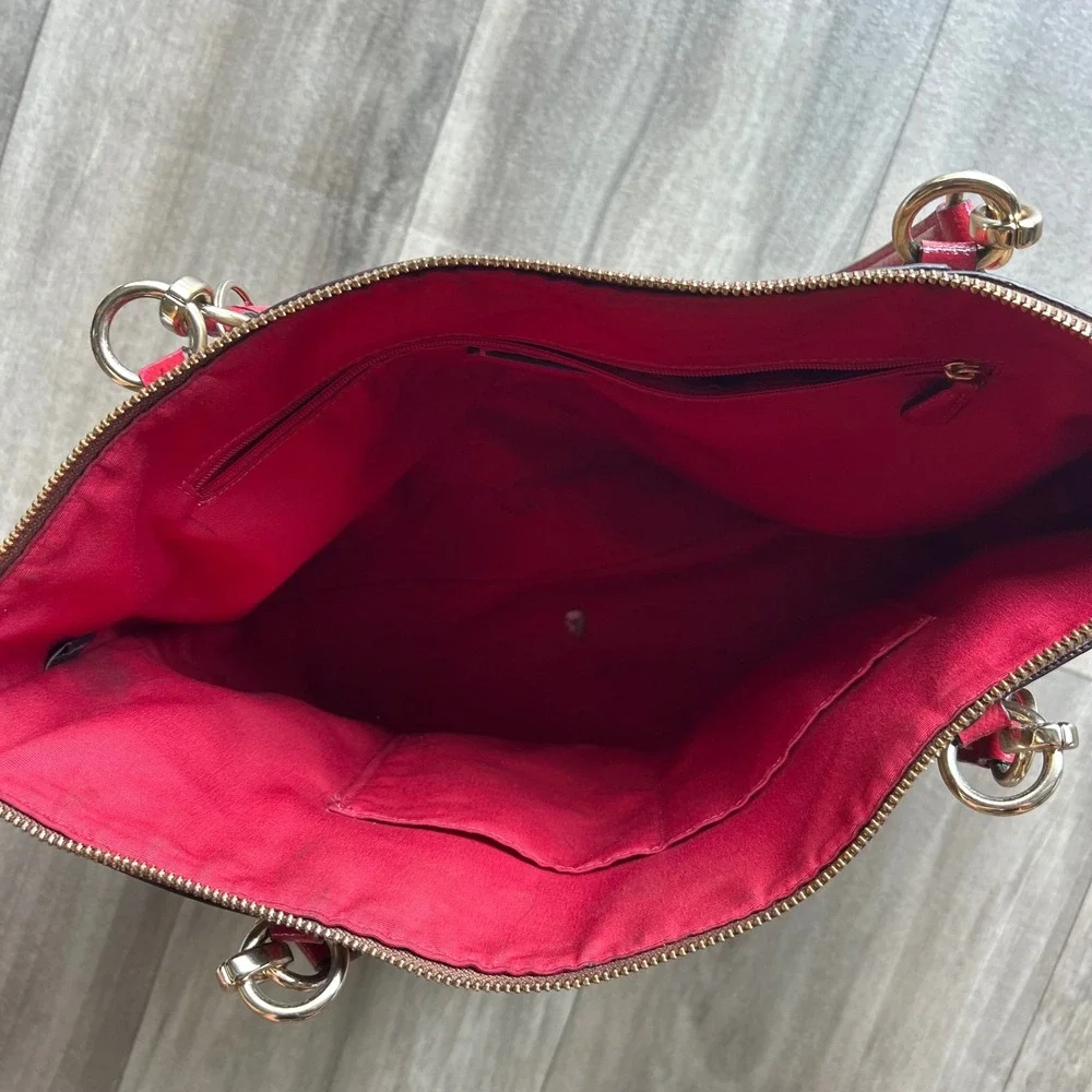 Coach Zip Top Tote Signature Canvas Khaki Red Shoulder Bag F31976